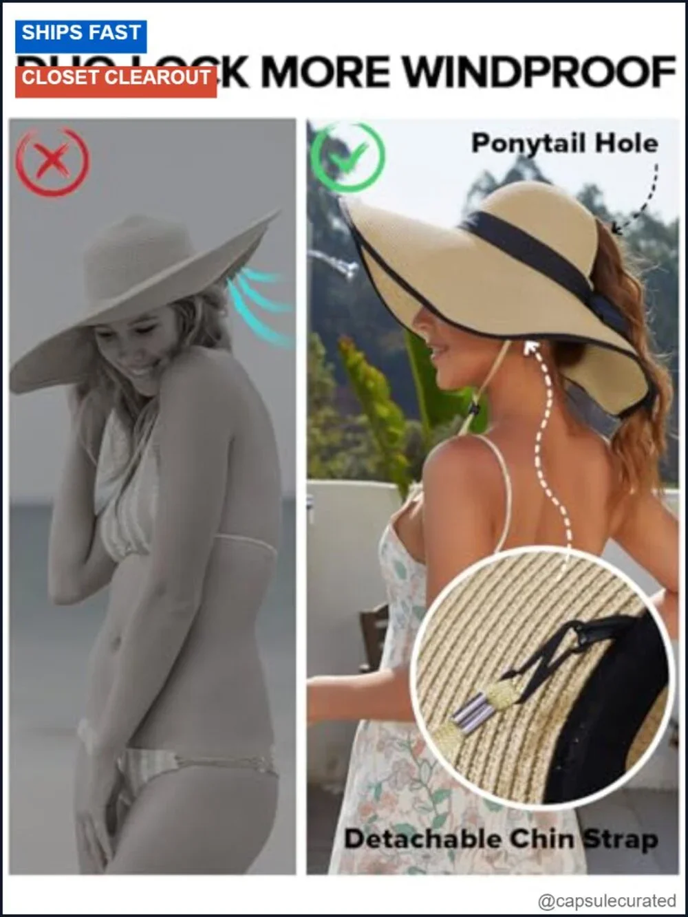 Floppy Wide Brim Ponytail Sun Hat for Women SPF50 Packable Beach Hat